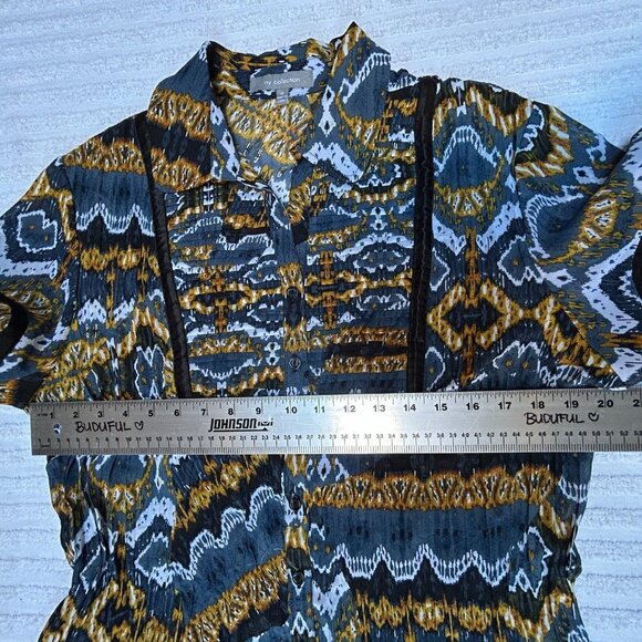 NY Collection Womens Button Down Shirt Crinkle Blouse XL Multicolor Short Sleeve - Picture 6 of 7